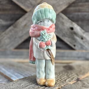 1989 Enesco, Kinka Collection “Boy in Scarf with Holly" Holiday Figurine #117730